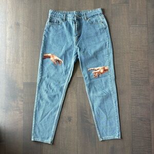 Artistic Blue Denim Jeans with Michelangelo Hands